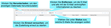 Übersicht der angehaltenen E-Mails