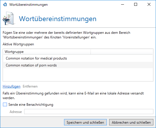 Definierte Wortgruppen zum Wortfilter hinzufügen